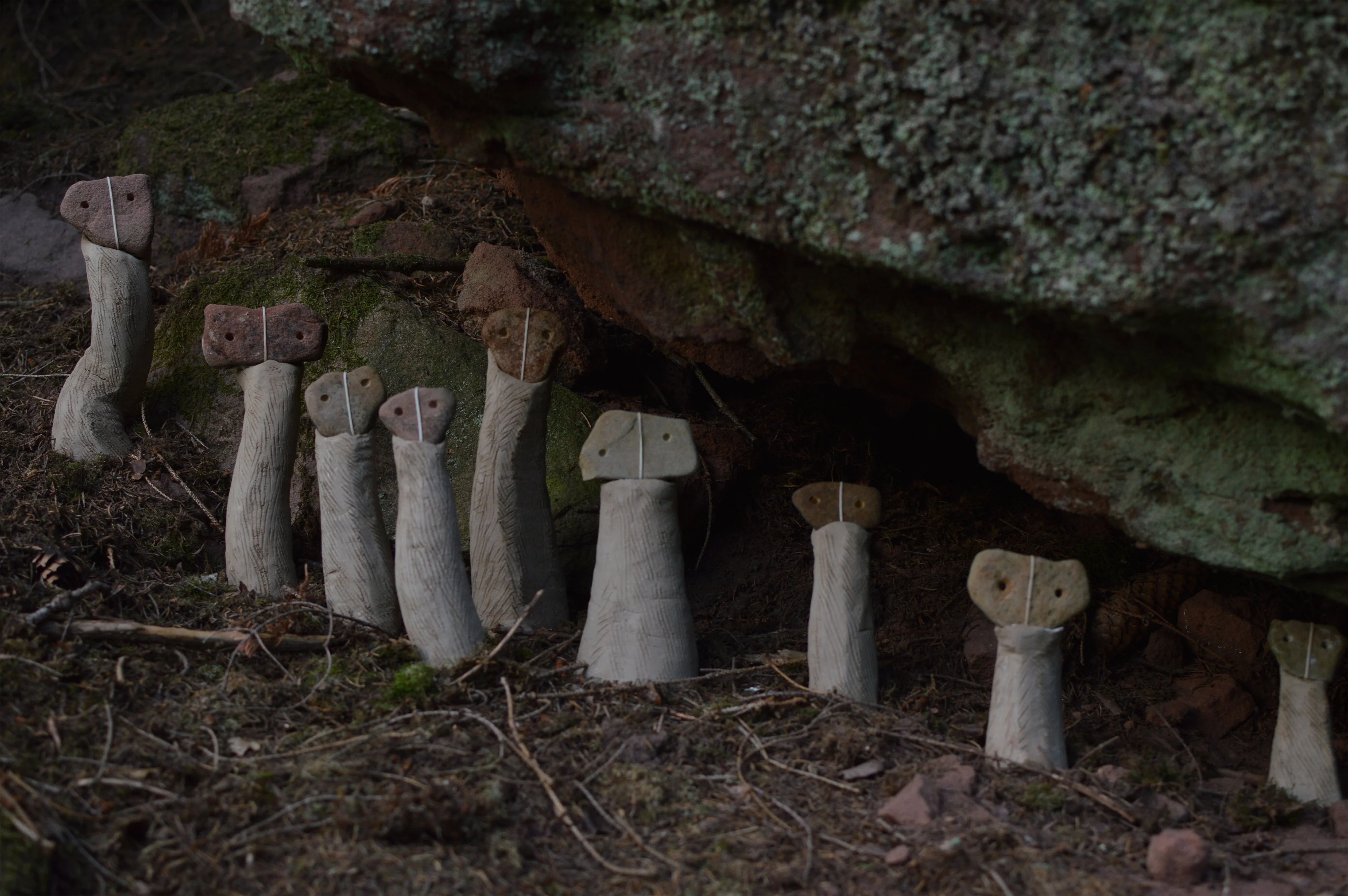 une famille de kodamas abritée sous un caillou