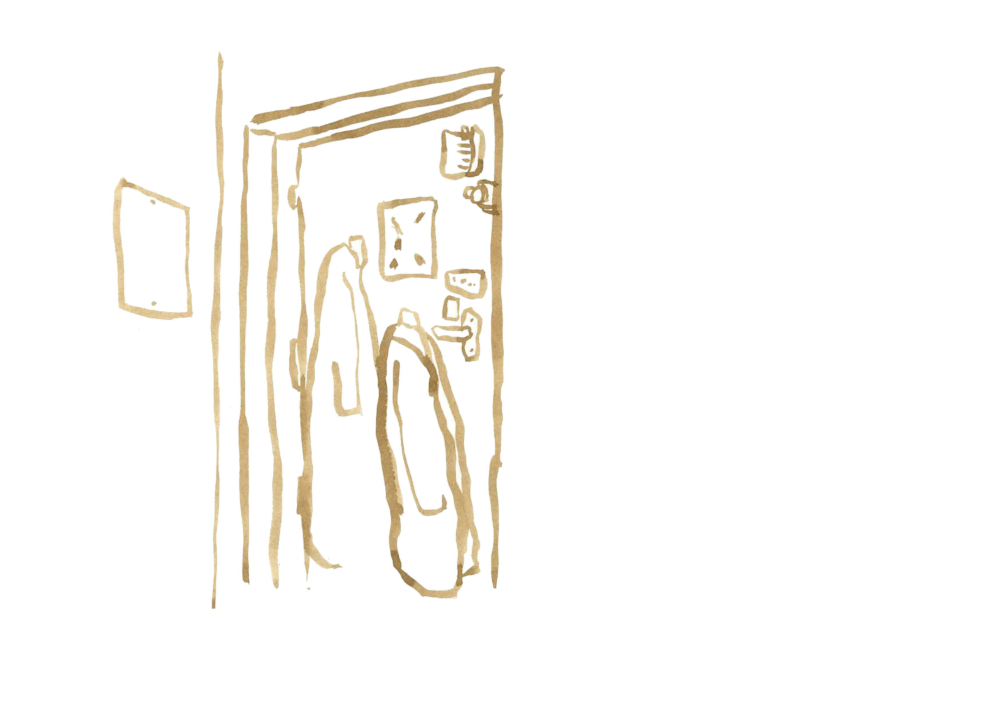 la porte d'entrée, ses crochets et mes affaires suspendues